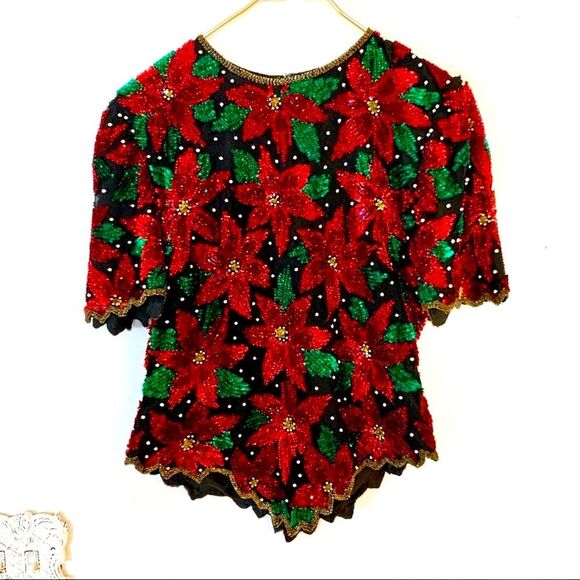 Vintage Laurence Kazar Holiday Beaded Sequin Red Poinsettia Black SILK Top SZS/M - Picture 1 of 4